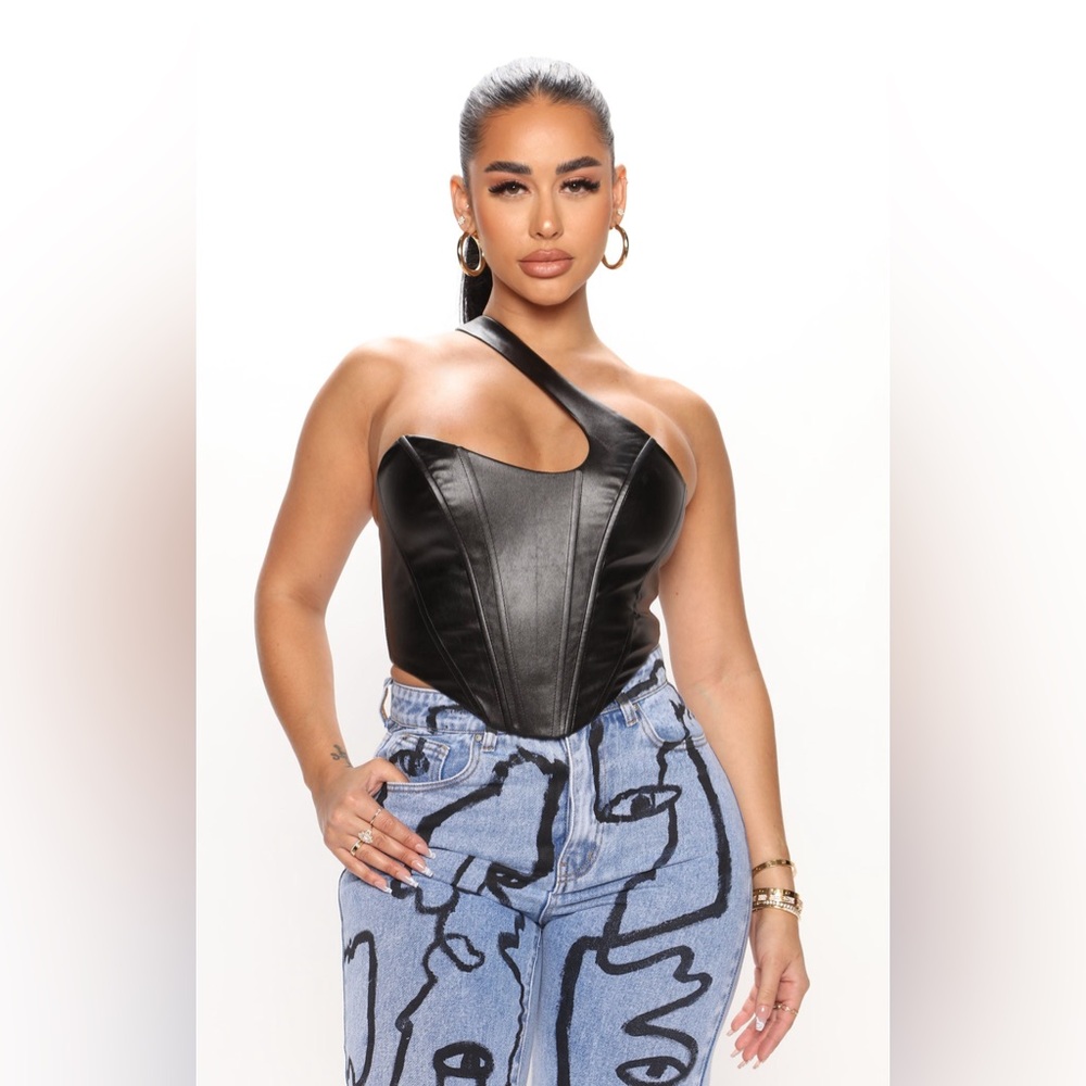 Cross Shoulder Leather Corset Top